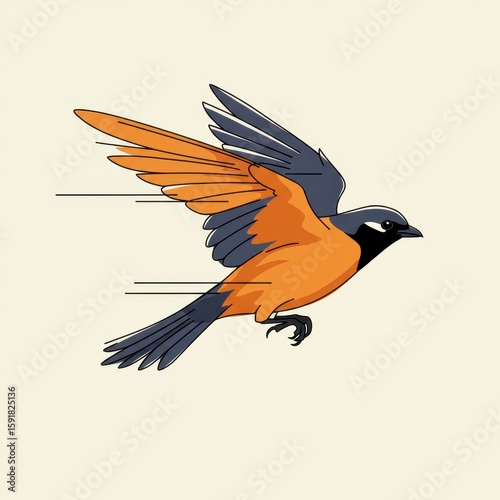 Vibrant Orange Bird in Flight A Dynamic Wildlife Illustration with Movement Lines and Graphic Design Elements