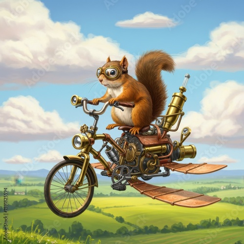 Squirrel Soaring Through the Sky on a Steampunk-Inspired Flying Machine, A Whimsical Adventure