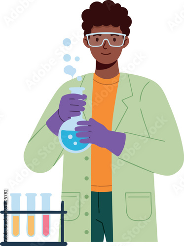 Male scientist conducting chemistry experiment with colorful test tubes and flask vector illustration