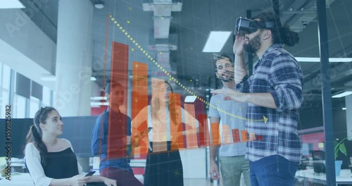 Man stepping forward securing VR headset and guiding business 3D bar chart with swiping gestures