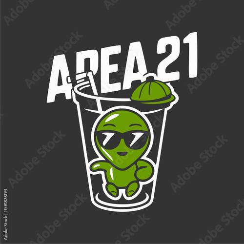 A cartoon alien in sunglasses floats inside a drink cup, logo design for Area 21.