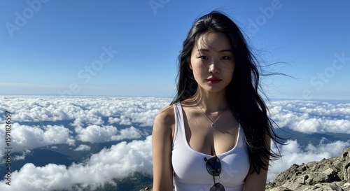 Asian Woman at Mountain Peak Enjoying Scenic Cloudscape - Outdoor Adventure and Serene Beauty