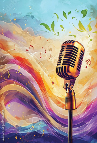Vintage microphone with colorful waves and musical notes background  