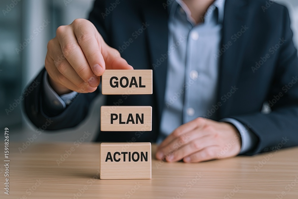 Obraz premium Businessman stacking wooden blocks with the words goal plan action in office setting.