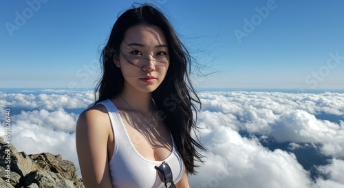 Asian Woman Portrait Above Clouds on Mountain Peak - Serene Beauty in Nature's Embrace