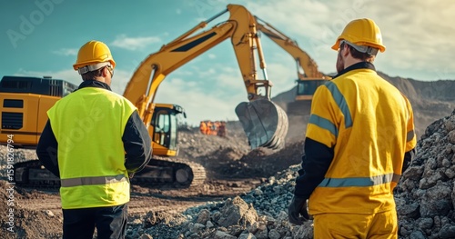 An image of construction workers in yellow safety gear standing next to two excavators and heavy machinery on the site of large-scale earthworks, with piles of rocks and dirt nearby.