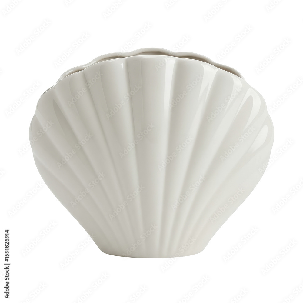 Fototapeta premium Elegant white shell-shaped vase with fluted design on a plain background