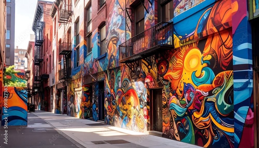 Fototapeta premium Colorful alleyway lined with vibrant murals