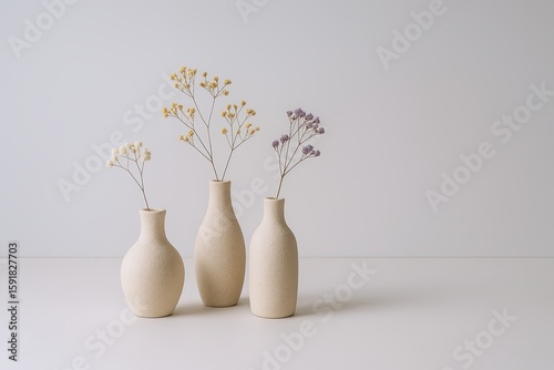 Wallpaper Mural Elegant minimalistic arrangement of three ceramic vases with delicate flowers on neutral background. Torontodigital.ca