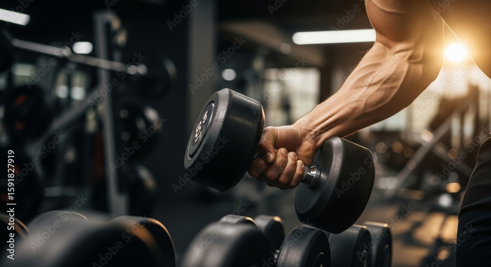 Naklejka premium Close-Up of Male Hand Holding Dumbbell in Gym During Workout