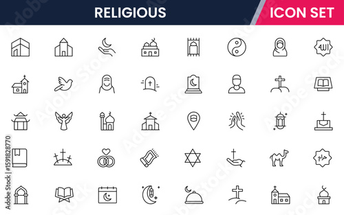Religious vector web line icon collection, sleek illustrations of symbols, prayers, sacred texts, worship for spiritual, reverent designs.