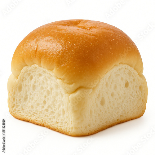 Golden brown baked dinner roll with fluffy white interior isolated on white background