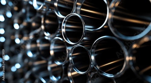 The background is a stack of stainless steel pipes. The focus on the product photo will be placed in front of and behind them, creating an overall impression of depth.