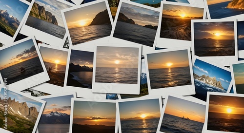 Scattered Travel Polaroid Photos of Mountains and Oceans on White Table