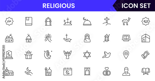 Religious vector web line icon collection, sleek illustrations of symbols, prayers, sacred texts, worship for spiritual, reverent designs.