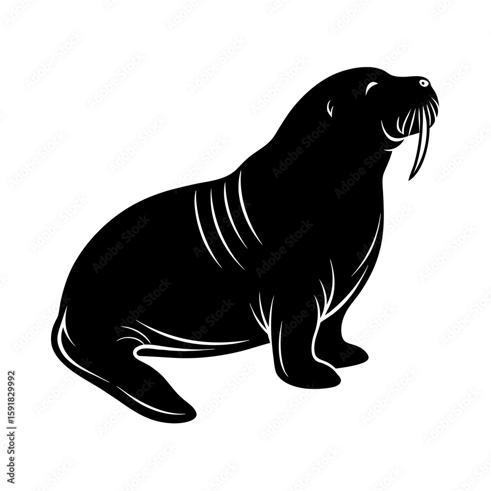 Fototapeta premium Sleeping walrus with visible tusks and body Line Art Vector illustration