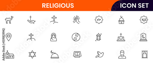 Religious vector web line icon collection, sleek illustrations of symbols, prayers, sacred texts, worship for spiritual, reverent designs.