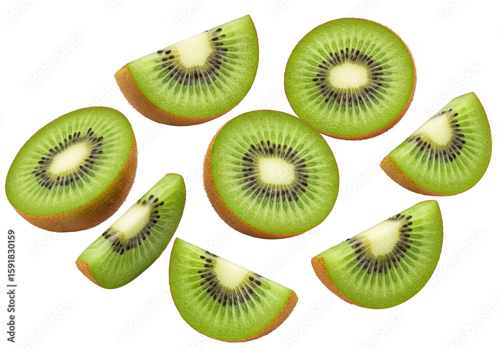 Fototapeta premium Several slices of fresh kiwi fruit are artfully arranged, showcasing their vibrant green color and texture on a transparent background