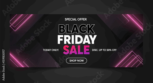 Black Friday Sale Banner with Geometric Neon Accents for Special Offer Season