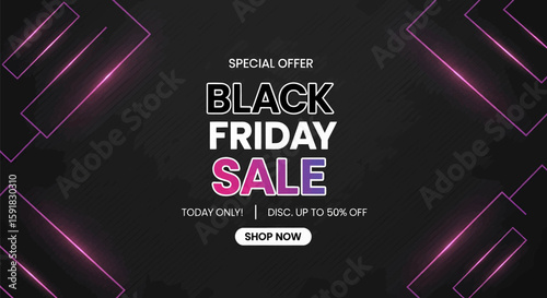 Black Friday sale with special offers  on a dark background design with geometric lights.