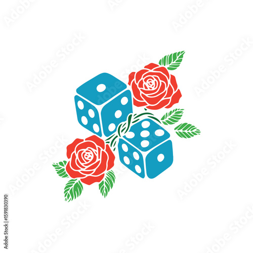 Dice with blooming rose tattoo style illustration