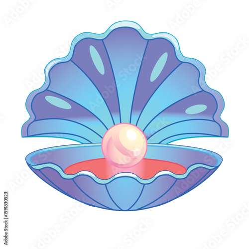 Pearl in seashell. Open seashell in cartoon flat style.