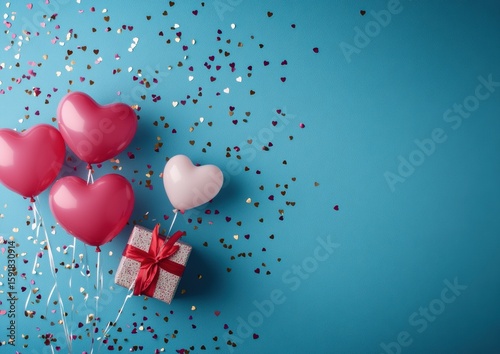 Valentine's Day background with heart-shaped balloons, gift box, and confetti on a blue backdrop. Valentine's Day celebration banner template with copy space for text