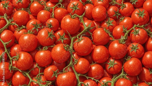 A close up of many fresh red tomatoes on the vine filling the entire frame with bright lighting