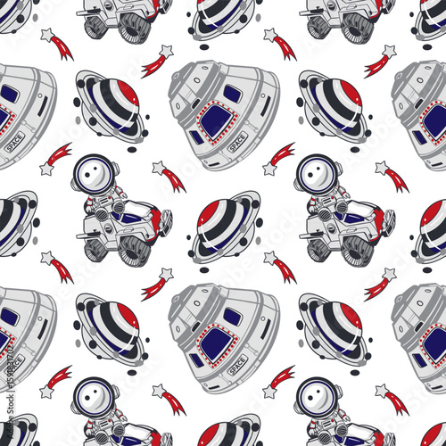 Astronauts, planets, flying machines, stars seamless pattern. Hand drawn vector illustration. For Cosmonautics Day, banners, covers, wrapping paper, wallpaper, textile.