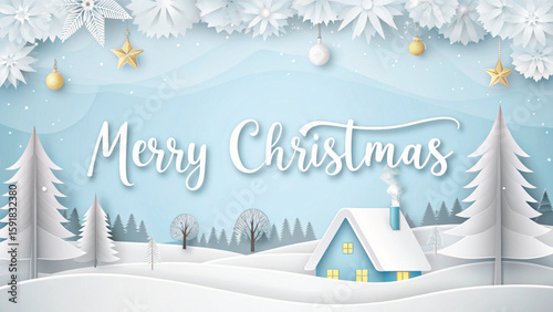 Festive winter landscape with a cozy house and snow-covered Christmas tree, perfect for a holiday greeting card illustration