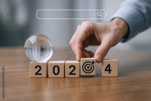 Hand placing wooden block with target symbol above year blocks on wooden surface.