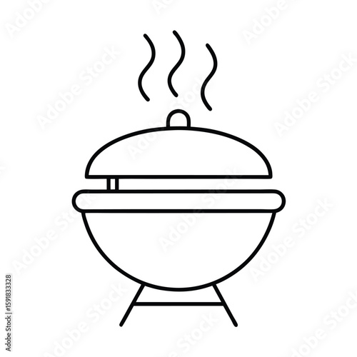 Line art illustration of a barbecue grill with open lid and smoke