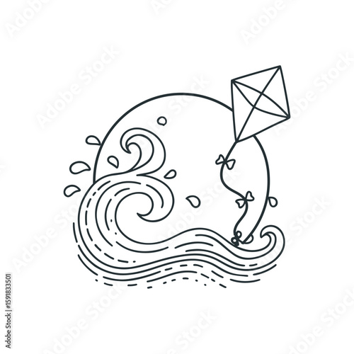 Kite surfing with splashing waves and sun backdrop