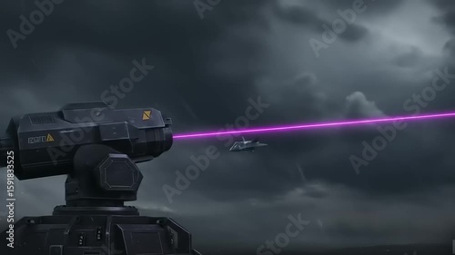 Futuristic laser cannon firing a vibrant purple beam into a stormy sky with dark clouds and distant aircraft