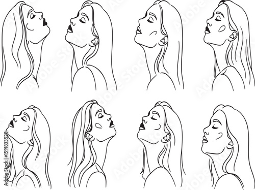 Woman's head in different positions line art on white background