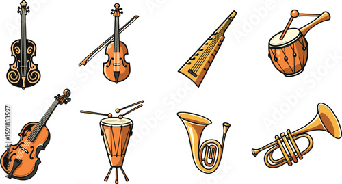 Vector art of a diverse set of musical instruments including violins, cellos, trumpets, and drums isolated on transparent background