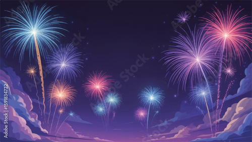 Colorful Fireworks Display Against a Purple Night Sky