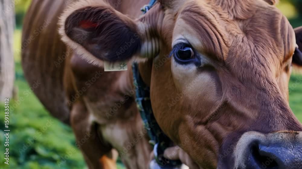 Close up of cow's face. Closeup of cow outside on farm. A brown animal tags on a field. A detailed view of a cow's visage lifestyle.
