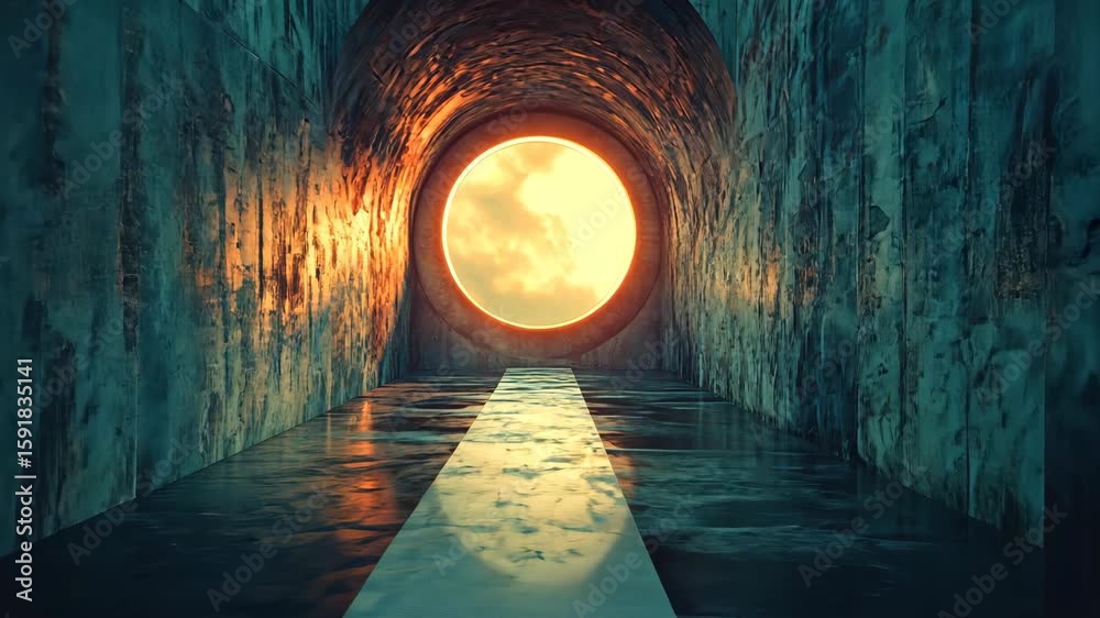Surreal tunnel leading to a glowing circular portal with clouds in the background