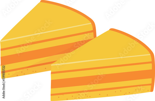Two slices of yellow layered cake illustration with orange accents vector