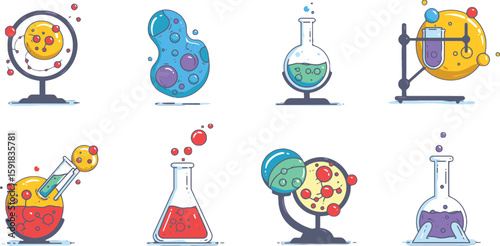 Vector art of illustrations of laboratory flasks and scientific equipment for chemical experiments isolated on transparent background