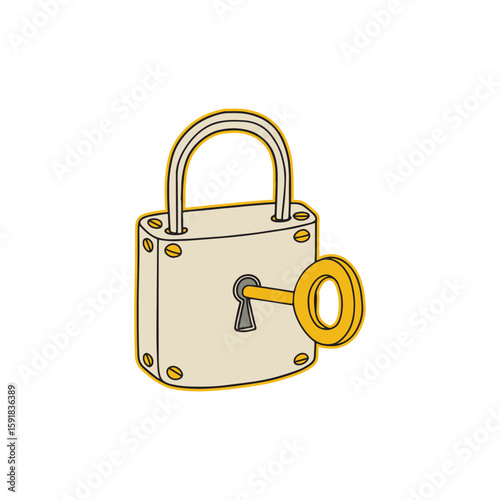 Classic padlock with inserted key illustration