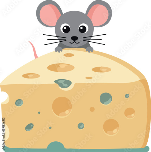 Cute gray mouse peeking from large yellow cheese wedge vector illustration