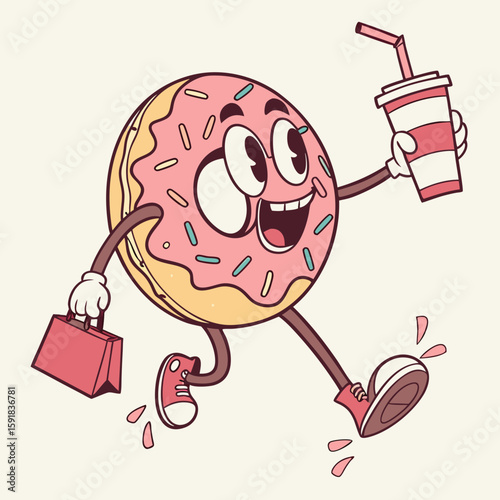 Groovy breakfast dessert donut funny character. Sweet takeaway pastry funny character, street cafe dessert meal isolated groovy vector mascot. Tasty fastfood donut jumping and happy smiling personage