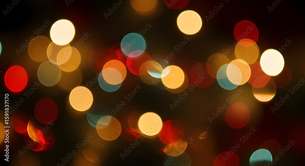 Fototapeta premium Warm festive bokeh lights with colorful blurred circles on dark holiday background