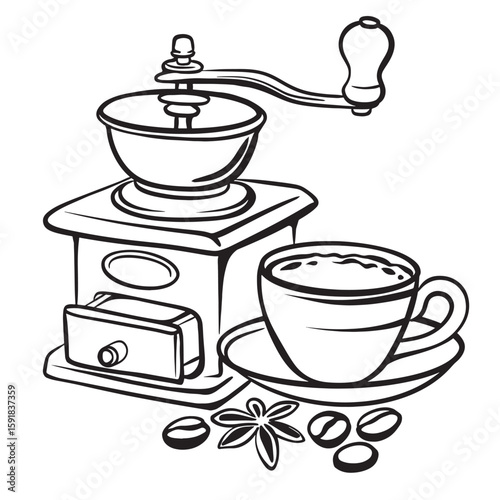 Black and white line art of a manual coffee grinder with cup and beans. Hand-drawn vector in outline style, great for coloring books, coffee shop branding and retro kitchen themes.
