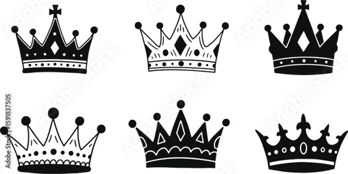 Vector art of a set of six handdrawn crowns isolated on transparent background, each with unique designs and regal flair