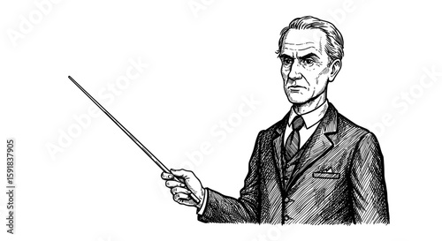 Strict teacher at blackboard – hand drawn black and white vector illustration