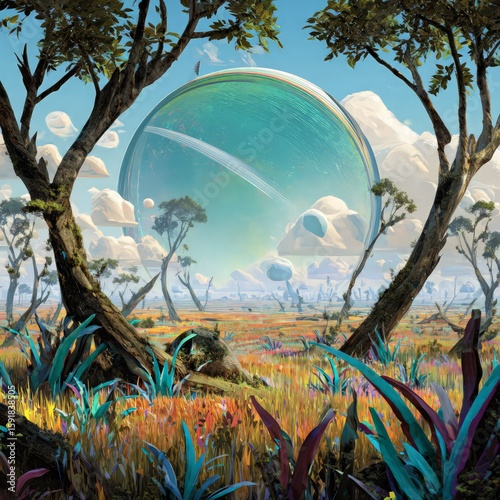 Colorful Alien Planet Landscape With Lush Flora And Trees