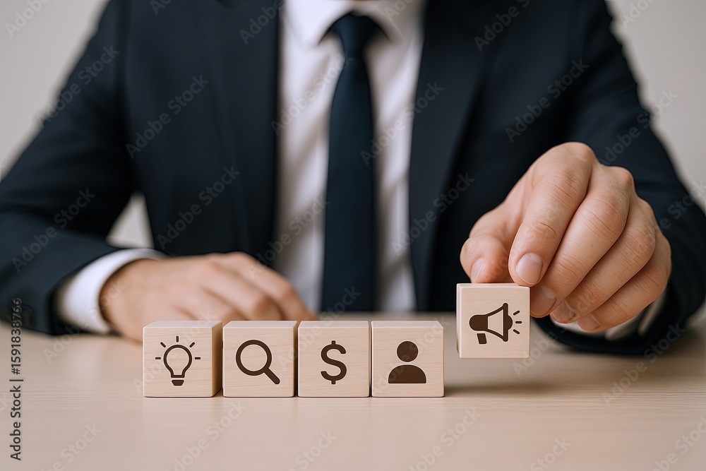 Obraz premium Businessperson in formal suit arranging wooden blocks with icons symbolizing ideas finance and growth.